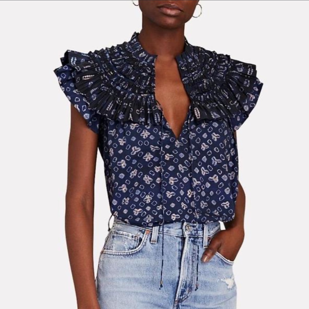 NEW Ulla Johnson Solina Batik Print Top in Ultramarine, Size 2
